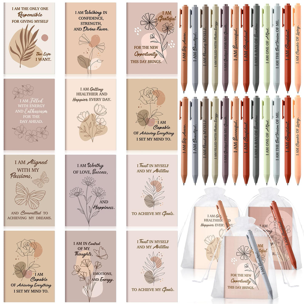 Mooliwe 24 Pcs Positive Affirmation Gift Set Gratitude Notebooks with Pens Small Bags Motivational Encouragement Notepads Daily Affirmations Journal for Women Stress Relief Self Care (Watercolor)