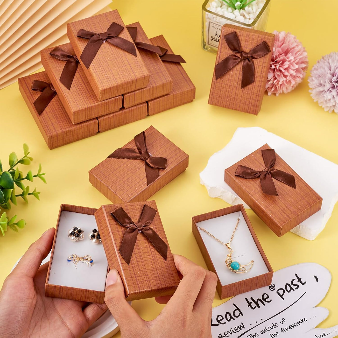 Craftdady 12 pcs Jewelry Gift Box Set Empty Packaging Cases with Bowknot Rectangle Cardboard Paper Jewelry Boxes with Lid for Necklaces Rings Earrings Pendants Displaying (BurlyWood)