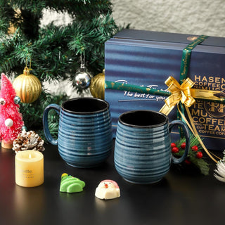 HASENSE Coffee Mugs Gift Set, 20 oz Ceramic Coffee Cups for Men and Women, Premium Large Tea Cups Gift Box with Coaster & Gold Spoon, Blue Couple Mugs for Wedding Holiday