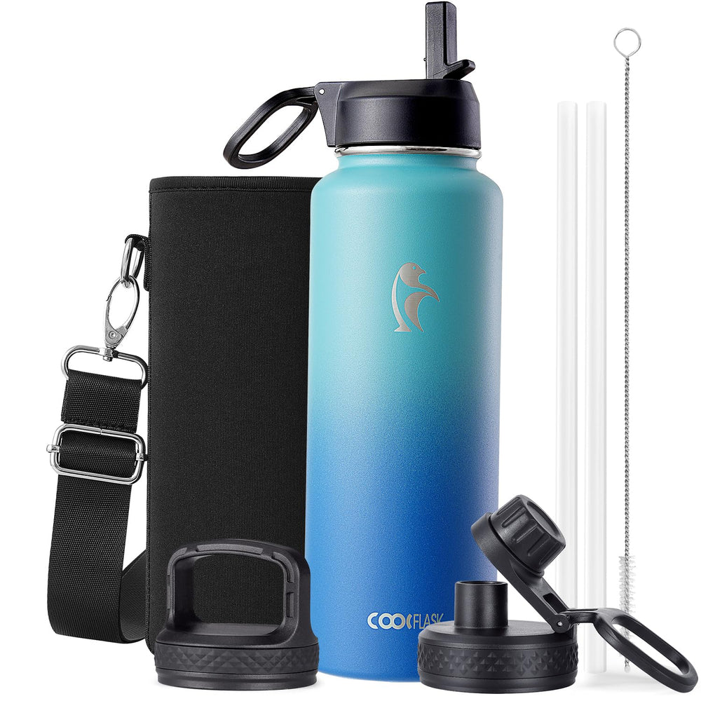 Water Bottle 40 oz Insulated with Straw&Brush, Coolflask Vaccum Stainless Steel Metal 3 Lids Water Flask for Sports, Gym or Office, Keep Cold 48H Hot 24H, Magic Black