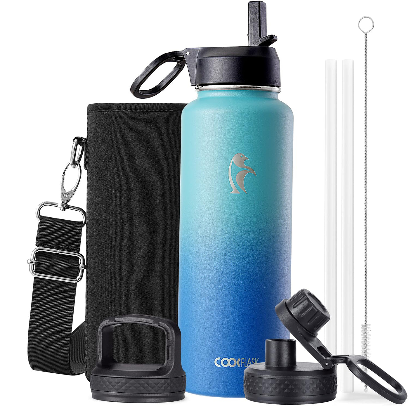 Water Bottle 40 oz Insulated with Straw&Brush, Coolflask Vaccum Stainless Steel Metal 3 Lids Water Flask for Sports, Gym or Office, Keep Cold 48H Hot 24H, Magic Black