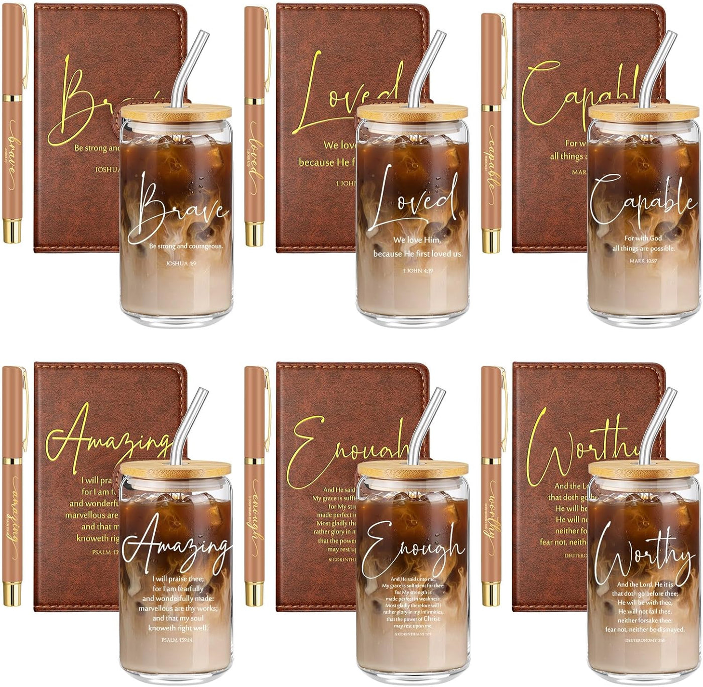 AmazingSpark 18 Pcs Fathers Day Christian Gift Bulk for Men Women 16 Oz Glass Cups with Lid Straw Bible Notebook Leather Prayer Journal with Pen Religious Gift for Church Member (Bible Words,Brown)