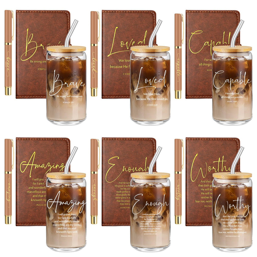 AmazingSpark 18 Pcs Fathers Day Christian Gift Bulk for Men Women 16 Oz Glass Cups with Lid Straw Bible Notebook Leather Prayer Journal with Pen Religious Gift for Church Member (Bible Words,Brown)