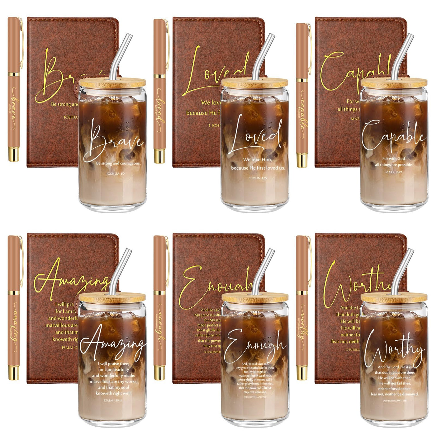 AmazingSpark 18 Pcs Fathers Day Christian Gift Bulk for Men Women 16 Oz Glass Cups with Lid Straw Bible Notebook Leather Prayer Journal with Pen Religious Gift for Church Member (Bible Words,Brown)