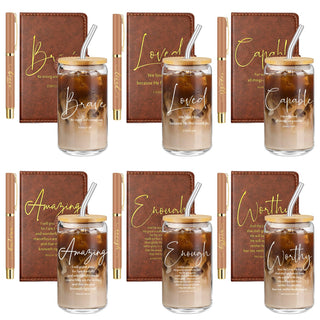 AmazingSpark 18 Pcs Fathers Day Christian Gift Bulk for Men Women 16 Oz Glass Cups with Lid Straw Bible Notebook Leather Prayer Journal with Pen Religious Gift for Church Member (Bible Words,Brown)