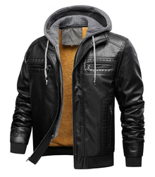 INVACHI Men's Leather Jacket Motorcycle Bomber Jacket Windproof PU Vintage Jacket with Removable Hood