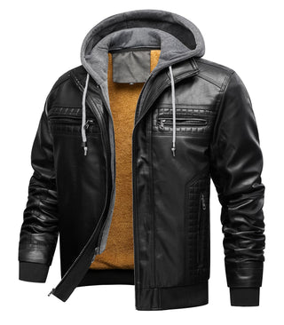 INVACHI Men's Leather Jacket Motorcycle Bomber Jacket Windproof PU Vintage Jacket with Removable Hood