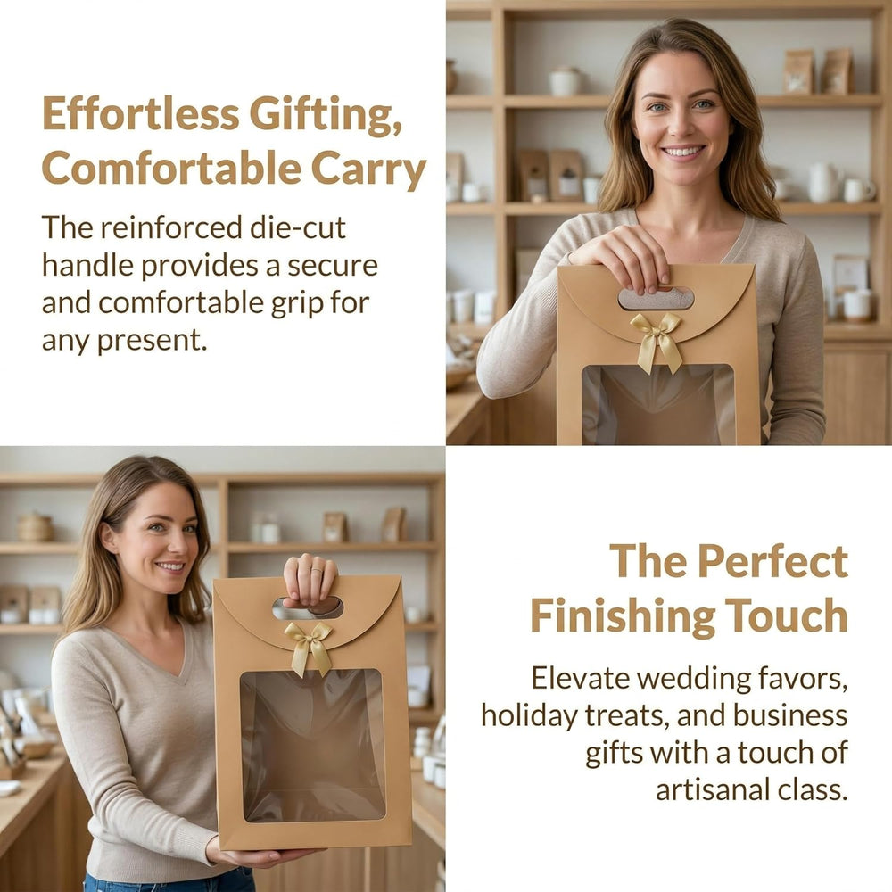 20pcs Elegant Kraft Paper Gift Bags with Clear Window & Sturdy Brown Cardboard Back -Stand Up Design with Rounded Corners & Twine Closure Recyclable Brown Cardboard Boxes for Holiday Party