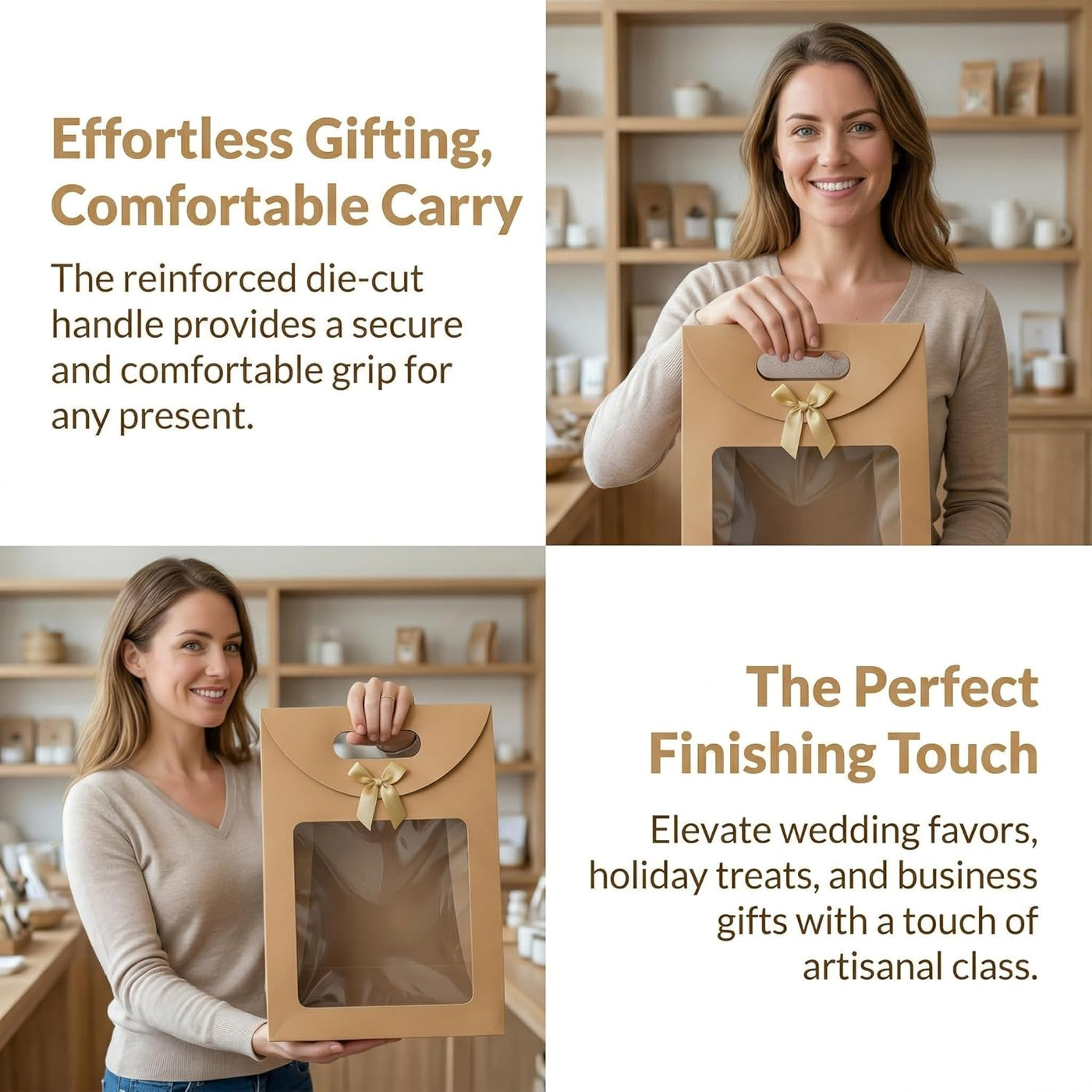 20pcs Elegant Kraft Paper Gift Bags with Clear Window & Sturdy Brown Cardboard Back -Stand Up Design with Rounded Corners & Twine Closure Recyclable Brown Cardboard Boxes for Holiday Party