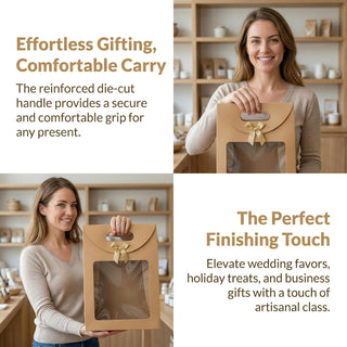 20pcs Elegant Kraft Paper Gift Bags with Clear Window & Sturdy Brown Cardboard Back -Stand Up Design with Rounded Corners & Twine Closure Recyclable Brown Cardboard Boxes for Holiday Party