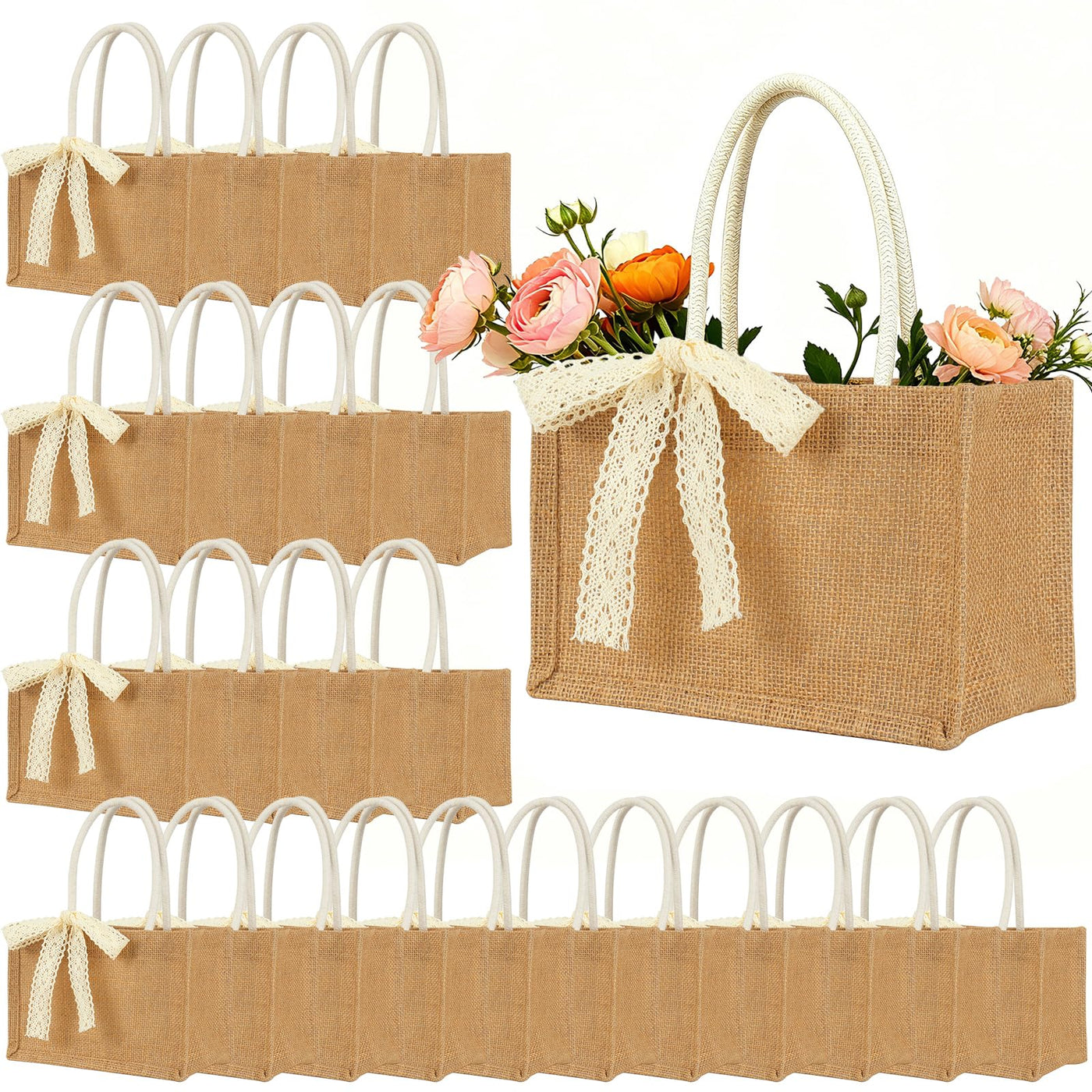 Small 6pcs Burlap Tote Bag Set with Handles, 11*9.45*3.94 Inch Waterproof Reusable Blank Grocery Bags with Ribbon Large Jute Tote for Women Bridesmaid Gift Beach Shopping Wedding Travel DIY
