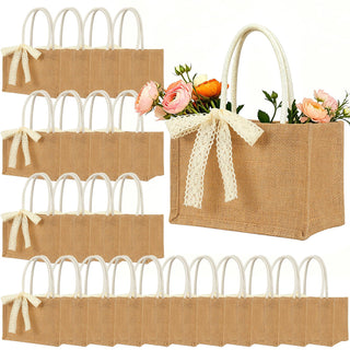 Small 6pcs Burlap Tote Bag Set with Handles, 11*9.45*3.94 Inch Waterproof Reusable Blank Grocery Bags with Ribbon Large Jute Tote for Women Bridesmaid Gift Beach Shopping Wedding Travel DIY