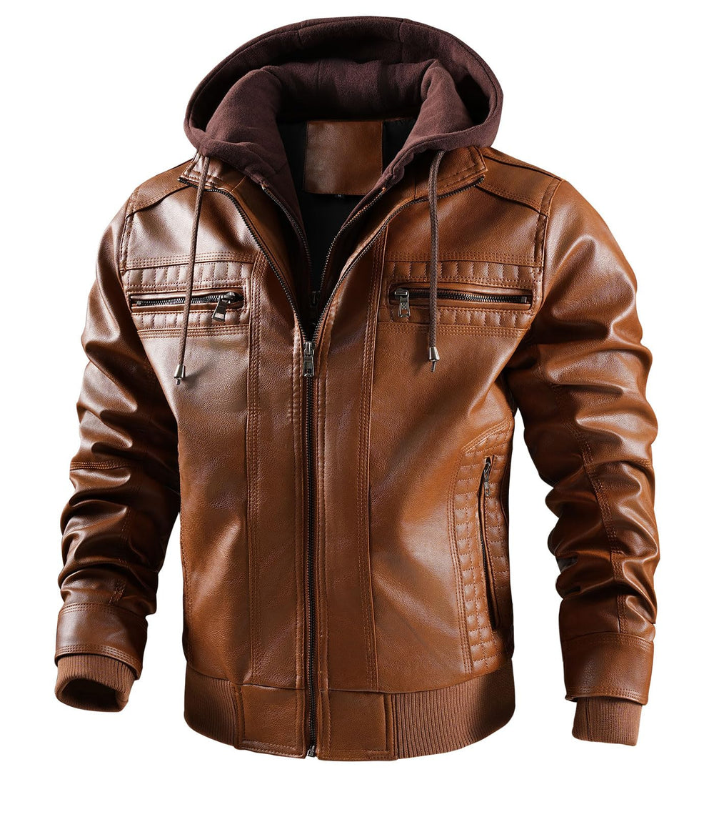 INVACHI Men's Leather Jacket Motorcycle Bomber Jacket Windproof PU Vintage Jacket with Removable Hood