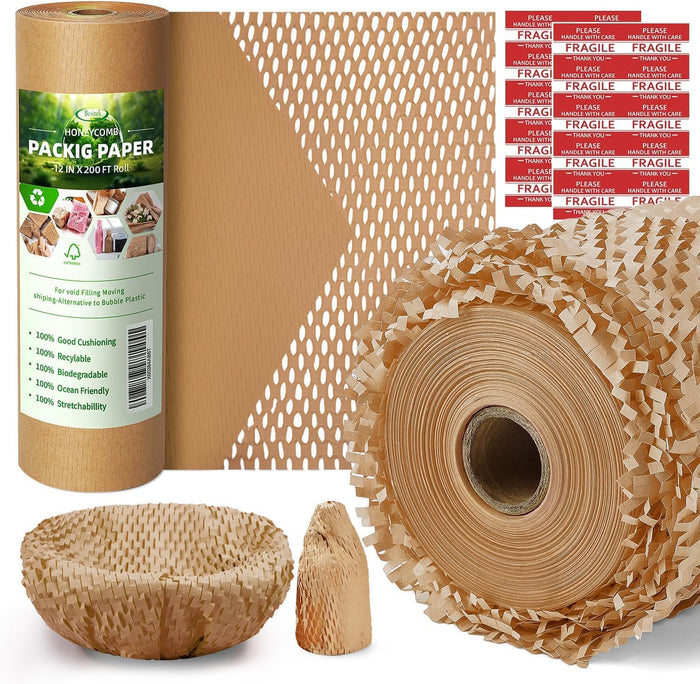Honeycomb Packing Paper,12 inch x 200 ft Bubble Cushioning Wrap for Packing Moving,Products Gifts Wrapping Paper,Recyclable and Biodegradable Shipping Packing Materials with 20 Fragile Sticker Labels