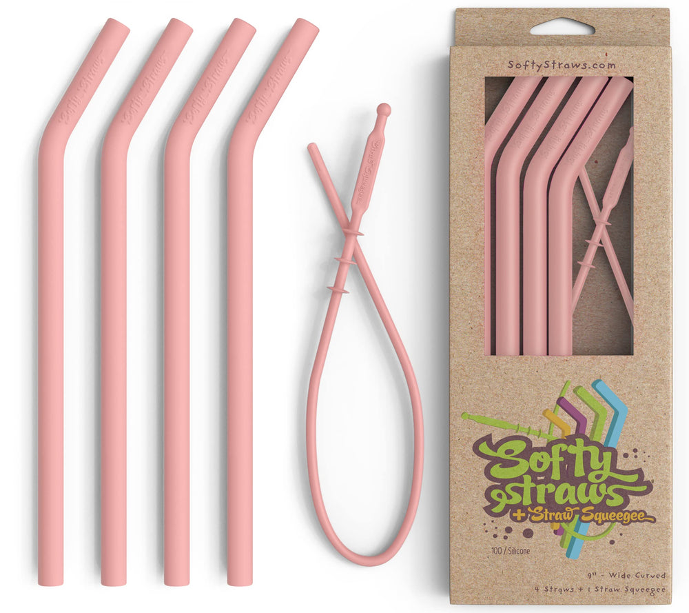 Softy Straws Wide Premium Reusable Silicone Drinking Straws + Patented Straw Squeegee - 9” Long With Curved Bend for 20 30 32 oz Tumblers Non Rubber, Flexible, Safe for Kids/Toddlers, Smoothie