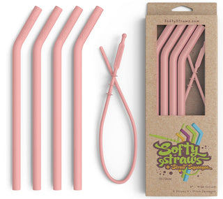Softy Straws Wide Premium Reusable Silicone Drinking Straws + Patented Straw Squeegee - 9” Long With Curved Bend for 20 30 32 oz Tumblers Non Rubber, Flexible, Safe for Kids/Toddlers, Smoothie