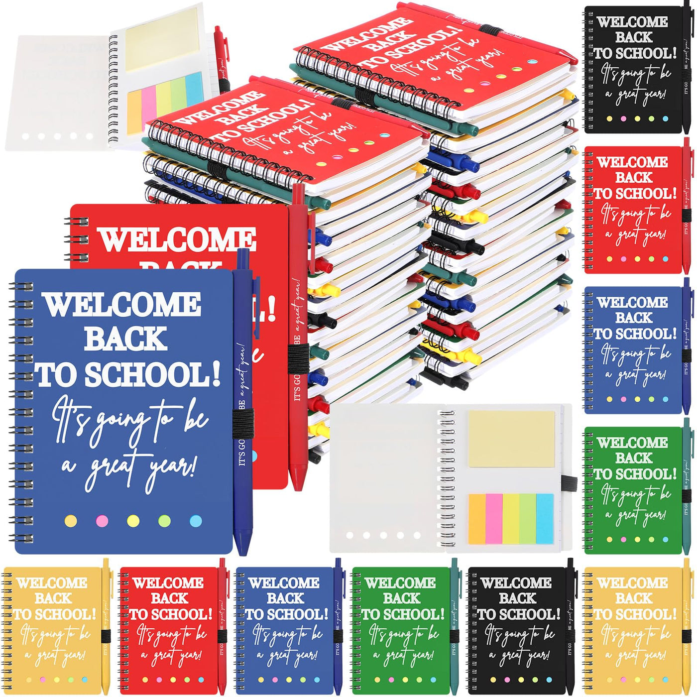 Dunzoom 40 Pcs Welcome Back to School Gifts Bulk Spiral Notebooks with Sticky Notes Motivational Pens First Day of School Notepads Party Favor for Teacher Student Classroom(Terrazzo Tones,Multicolor)
