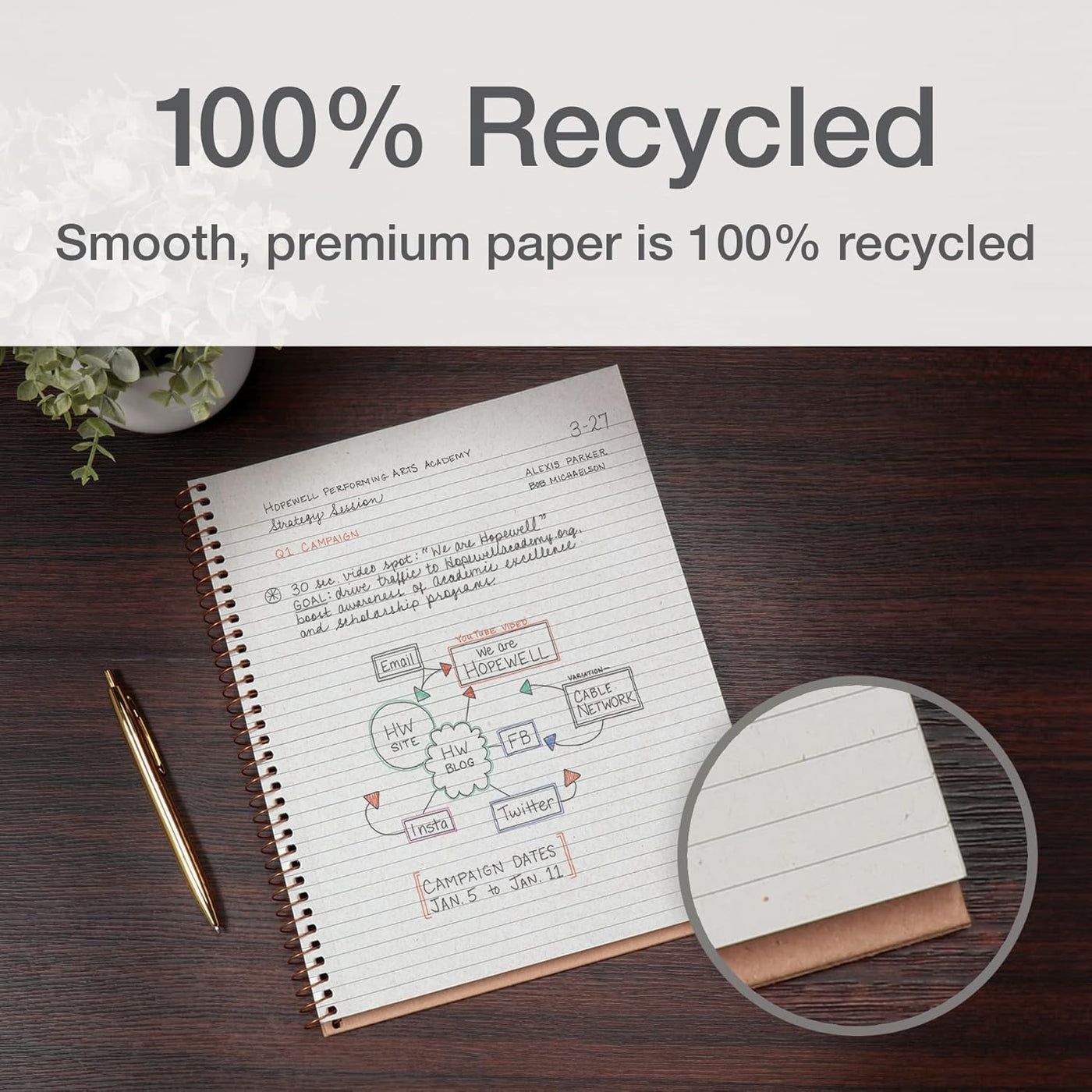 Oxford Spiral Notebooks, 2 Pack, 100% Recycled, Kraft Notebooks, Gold, College Ruled, 80 Sheets/160 Pages, Student Gifts, Teacher Gifts (90881)