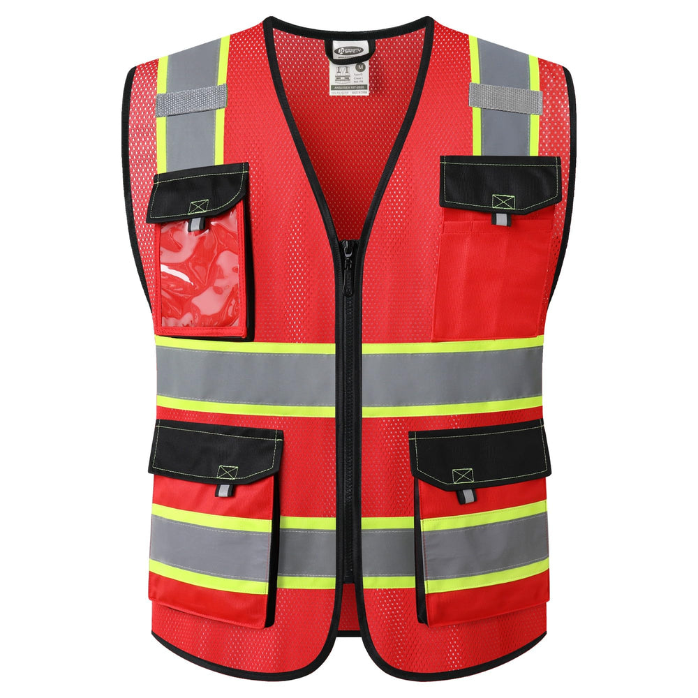 JKSafety Hi Vis Reflective Safety Vests for Men Women High Visibility Vest with Pockets Mesh Fabric Construction Safety Apparel Neon Vest for Work (220-Black L)