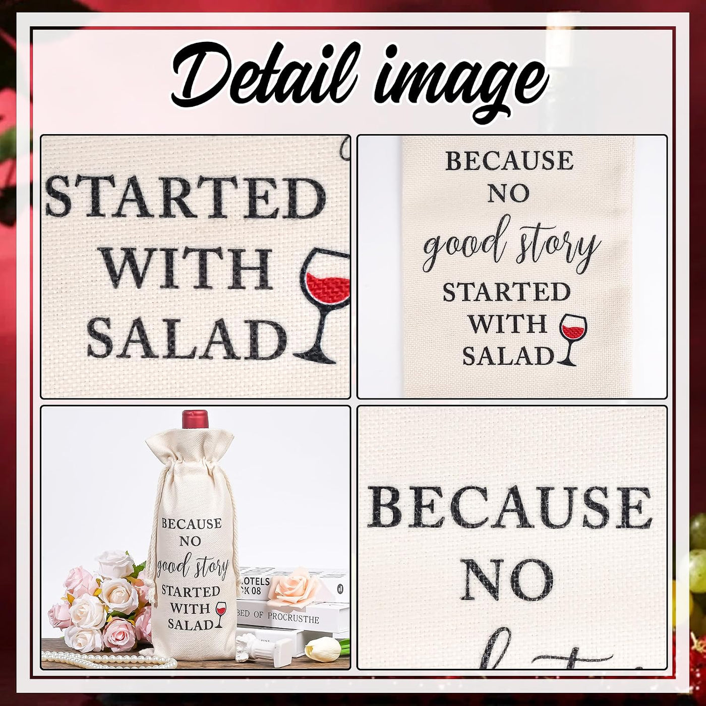 GiftoBi Reusable Burlap Wine Bag with Drawstring, 'Because No Good Story Started with Salad', Beige, 32*14cm, Multiple Occasions