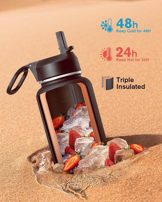 Water Bottle 40 oz Insulated with Straw&Brush, Coolflask Vaccum Stainless Steel Metal 3 Lids Water Flask for Sports, Gym or Office, Keep Cold 48H Hot 24H, Magic Black - hover image