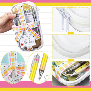 Landhoow 6 Sets/75 Pcs Backto School Teacher Gifts Bulk Set Clear Hard Case Zipper Pouch Pastel Ballpoint Pens & Sticky Notes Blue and Yellow Raffia Adorable Printed Pencil Ribbons with Thank You Card