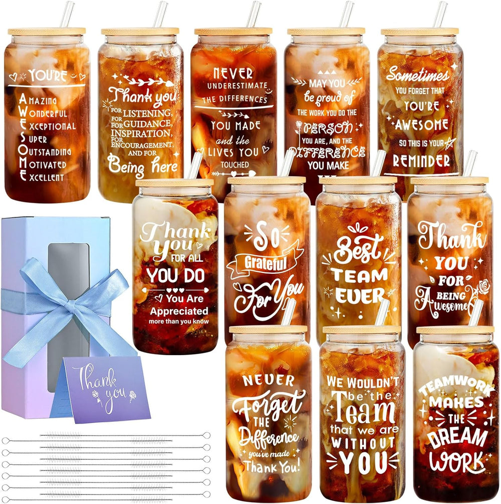 12 Set Employee Appreciation Gifts Bulk, Personalized Inspirational Thank You Gifts for Graduation Season Coworker 16 oz Can Shaped Beer Glass Cups, Gift Box & Card for Team Women Men Teacher