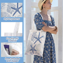 Reginary 6 Pcs Coastal Canvas Tote Bags with Pocket Summer Beach Themed Gifts Blue Seashell Starfish Conch Coral Pattern