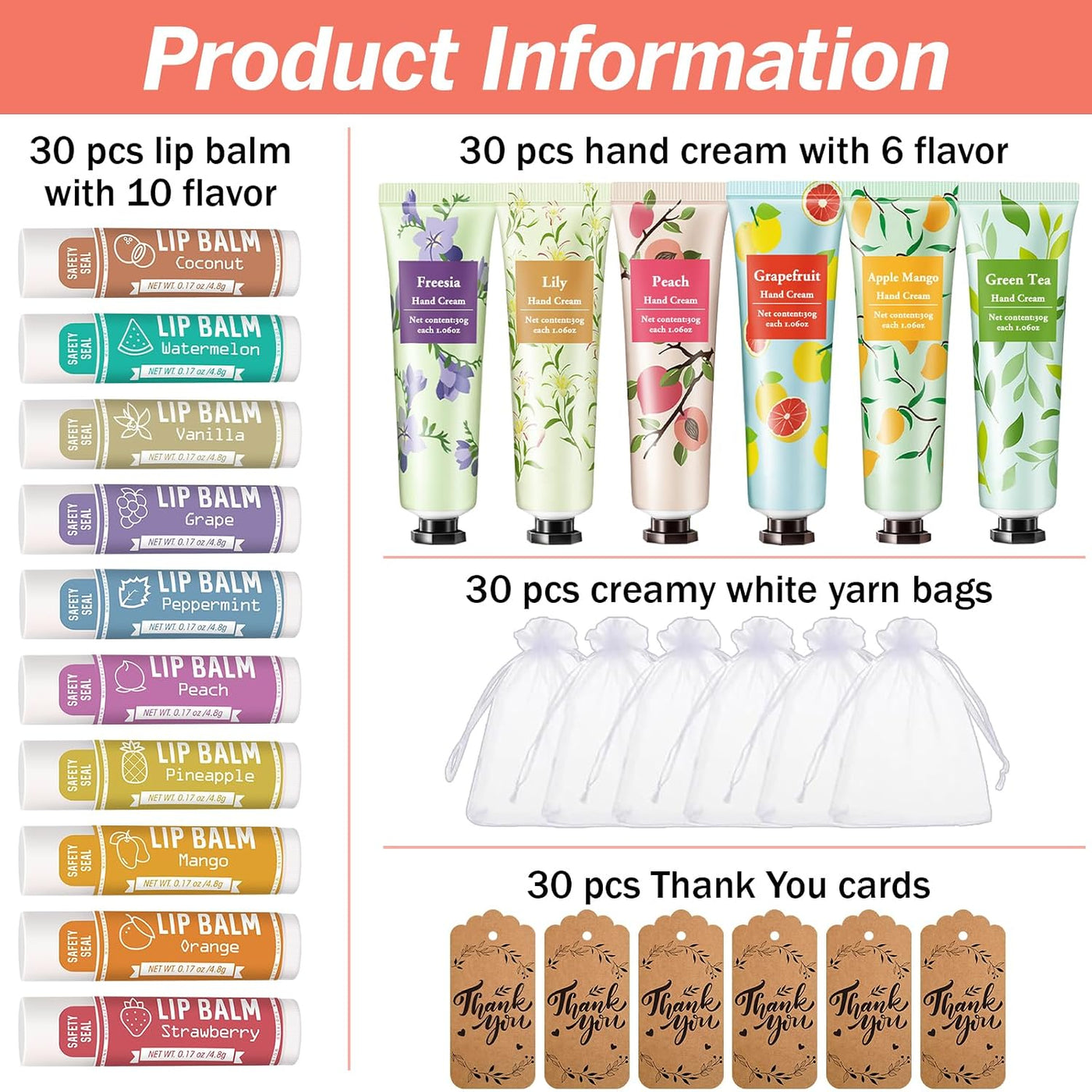 AZEN 30 Sets Bulk Gifts, Hand Cream and Lip Balm Bulk Set with Organza Bag Thank You Card, Baby Shower Wedding Gift for Guests, Bridal Wedding Favors for Guests, Mothers Day Gifts Stocking Stuffers