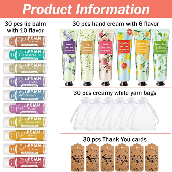 AZEN 30 Sets Bulk Gifts, Hand Cream and Lip Balm Bulk Set with Organza Bag Thank You Card, Baby Shower Wedding Gift for Guests, Bridal Wedding Favors for Guests, Mothers Day Gifts Stocking Stuffers - hover image