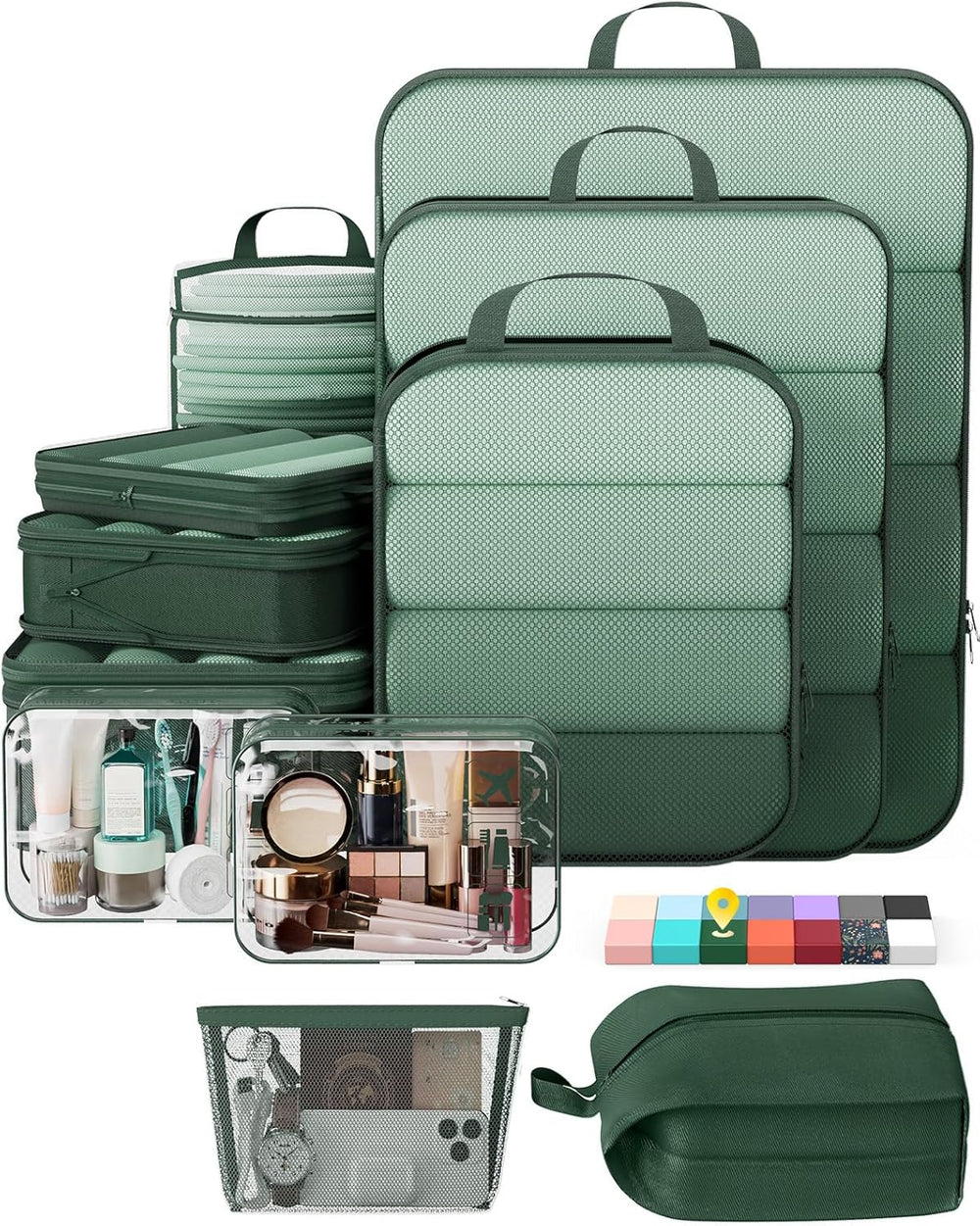 Veken 11-Pack Compression Packing Cubes for Travel Essentials,Compressible Expandable Large Luggage Suitcase Organizer Bags for Clothing,Durable Space Saver Bags with Toiletry Bags(Dark Green)