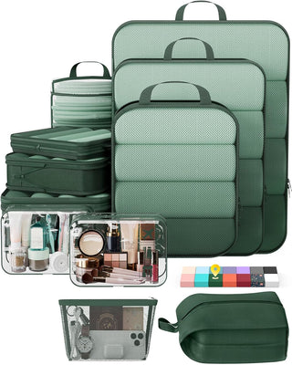 Veken 11-Pack Compression Packing Cubes for Travel Essentials,Compressible Expandable Large Luggage Suitcase Organizer Bags for Clothing,Durable Space Saver Bags with Toiletry Bags(Dark Green)