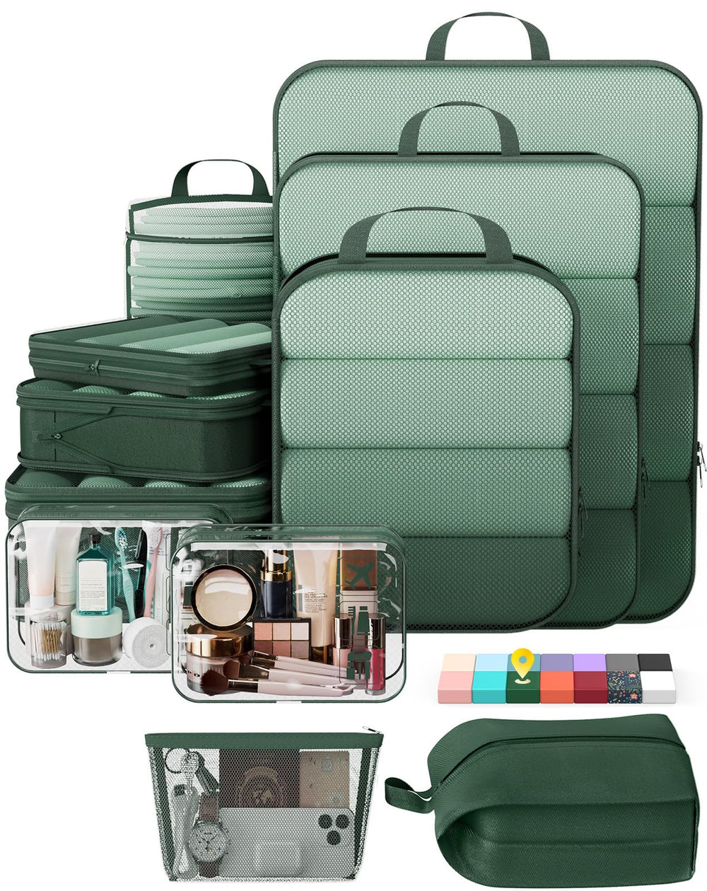 Veken 11-Pack Compression Packing Cubes for Travel Essentials,Compressible Expandable Large Luggage Suitcase Organizer Bags for Clothing,Durable Space Saver Bags with Toiletry Bags(Dark Green)