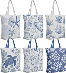 Reginary 6 Pcs Coastal Canvas Tote Bags with Pocket Summer Beach Themed Gifts Blue Seashell Starfish Conch Coral Pattern