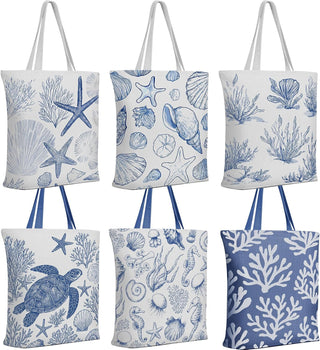 Reginary 6 Pcs Coastal Canvas Tote Bags with Pocket Summer Beach Themed Gifts Blue Seashell Starfish Conch Coral Pattern