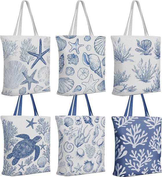 Reginary 6 Pcs Coastal Canvas Tote Bags with Pocket Summer Beach Themed Gifts Blue Seashell Starfish Conch Coral Pattern