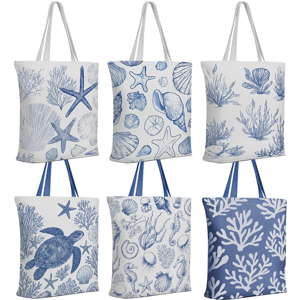 Reginary 6 Pcs Coastal Canvas Tote Bags with Pocket Summer Beach Themed Gifts Blue Seashell Starfish Conch Coral Pattern
