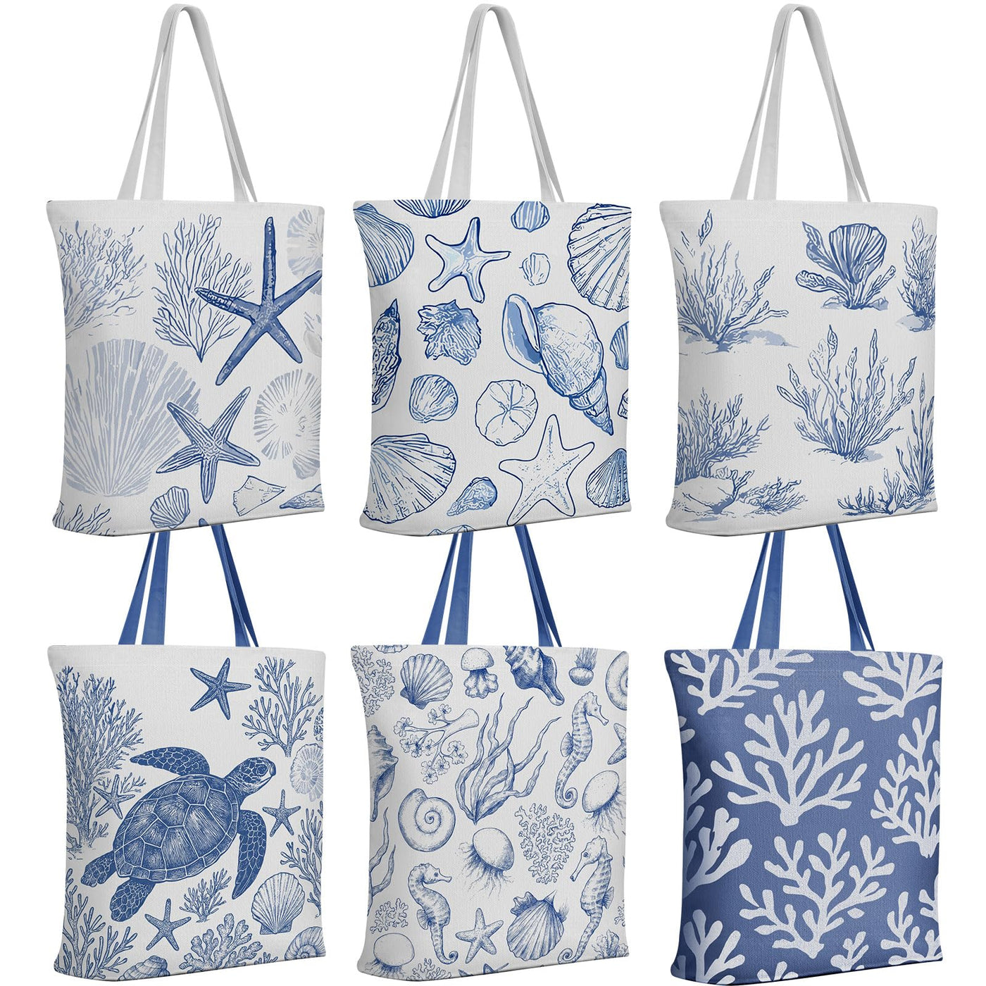 Reginary 6 Pcs Coastal Canvas Tote Bags with Pocket Summer Beach Themed Gifts Blue Seashell Starfish Conch Coral Pattern