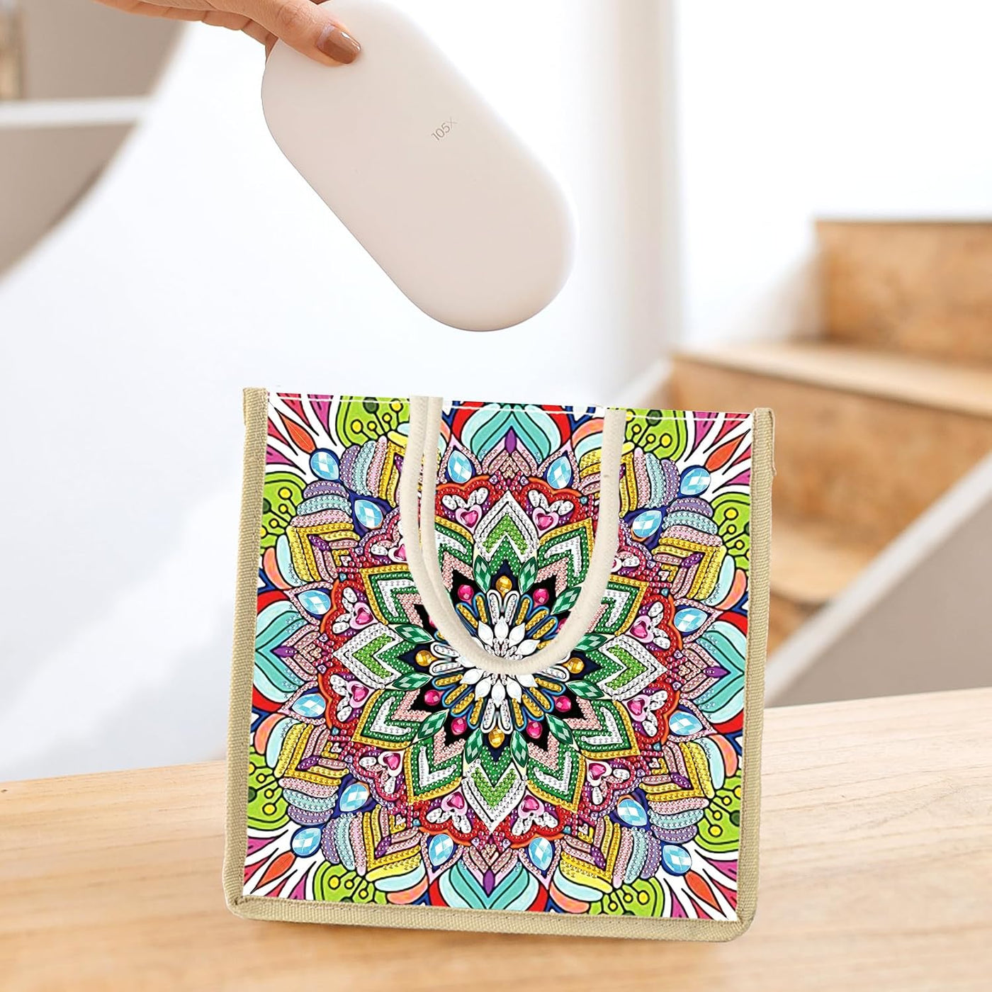 JZHYOAN Mandala Diamond Painting Canvas Tote Bags for Adults DIY Flower Diamond Art Tote Bags Kits Reusable Grocery Shopping Hand Storage Bag with Handles Portable Storage Bag for Family Woman Man