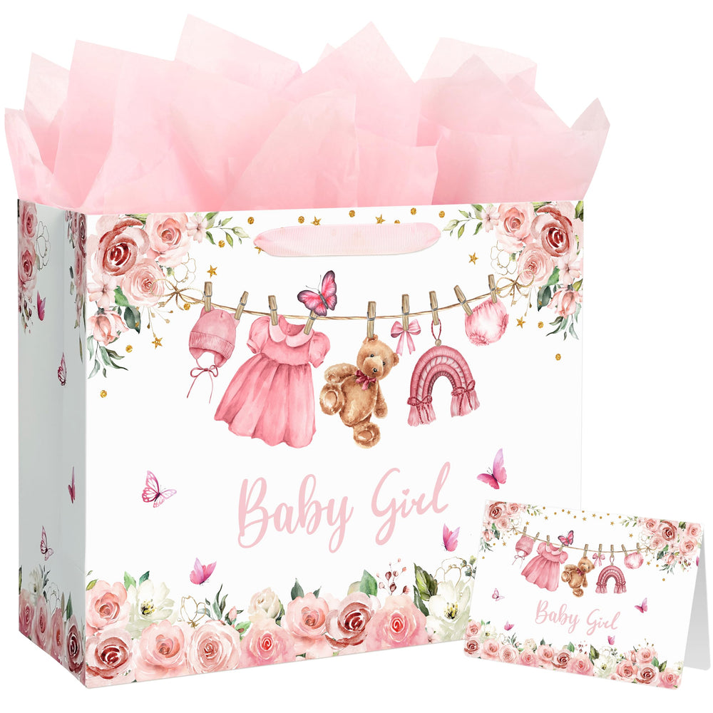Yusenguan 16.5" Extra Large Baby Gift Bag Set with Tissue Paper and Greeting Card, Pink Floral Design for Girl Baby Shower, Kids Birthday Party and Newborn Gifts