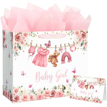 Yusenguan 16.5" Extra Large Baby Gift Bag Set with Tissue Paper and Greeting Card, Pink Floral Design for Girl Baby Shower, Kids Birthday Party and Newborn Gifts