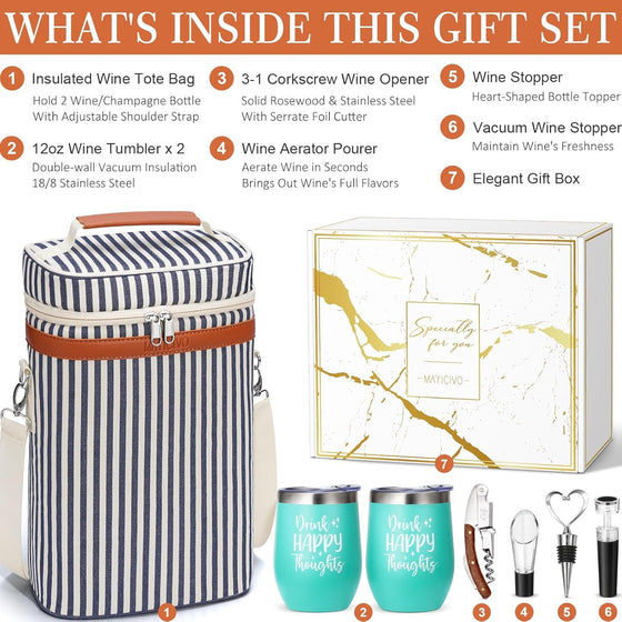 Birthday Gifts for Women Men - Mothers Day Wine Gift Baskets For Woman Mom, Her, Women, Friend, Wine Lovers, Self Care Package, Insulated Wines Tote Bag Carrier w/ Tumblers & Wines Accessories Set - hover image