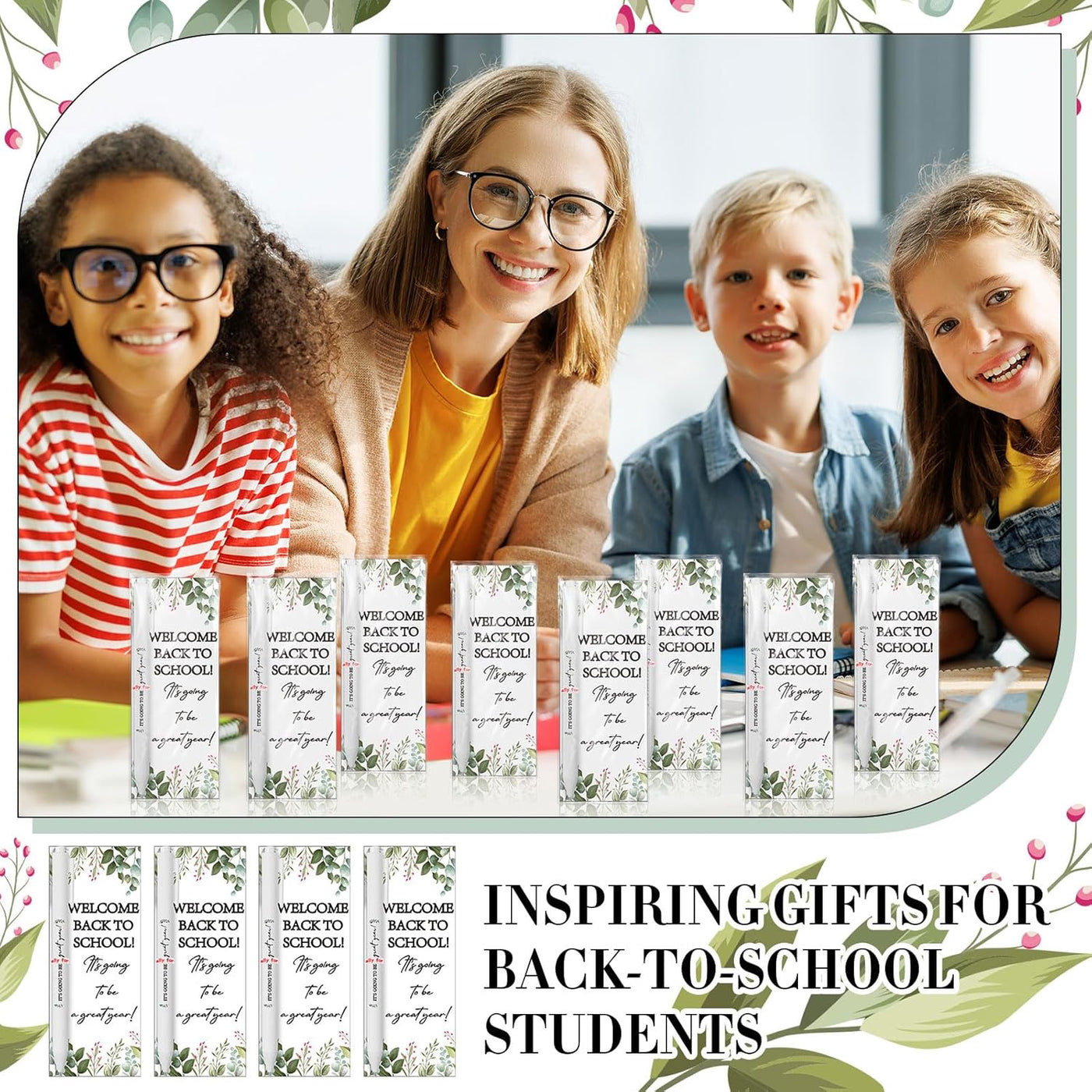 Dunzoom 50 Sets Welcome Back to School Gifts Include Greeting Cards and Inspirational Ballpoint Pens First Day of School Stationery Set for Teachers Students Reward Supplies(Paper,Classic Style)