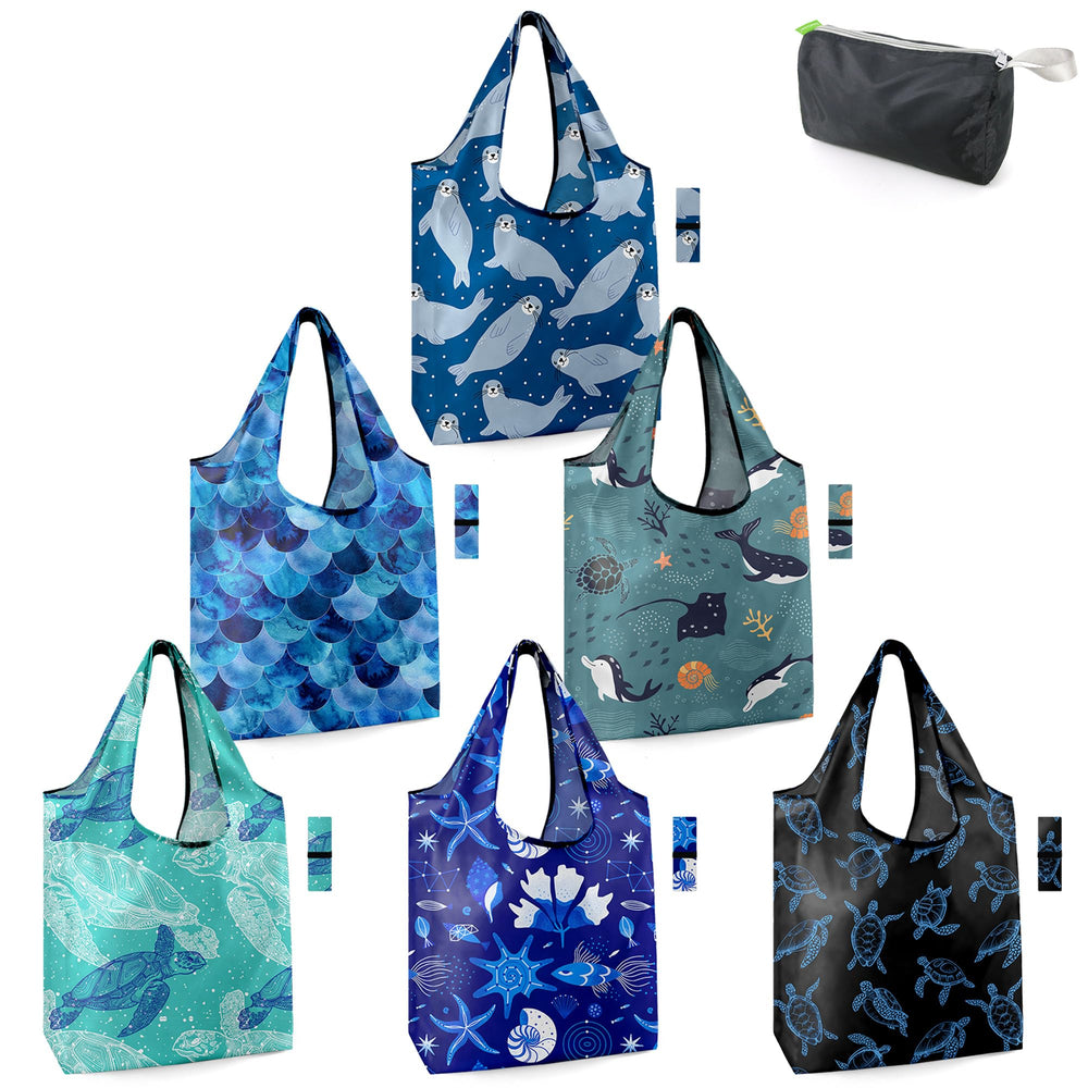 BeeGreen Sea Turtle Lovers Gifts for Women Ocean Animals Reusable Grocery Bags Shopping Bags Bulk 6 Pack 50LBS X-Large Shells Seal Mermaid Scale Whale
