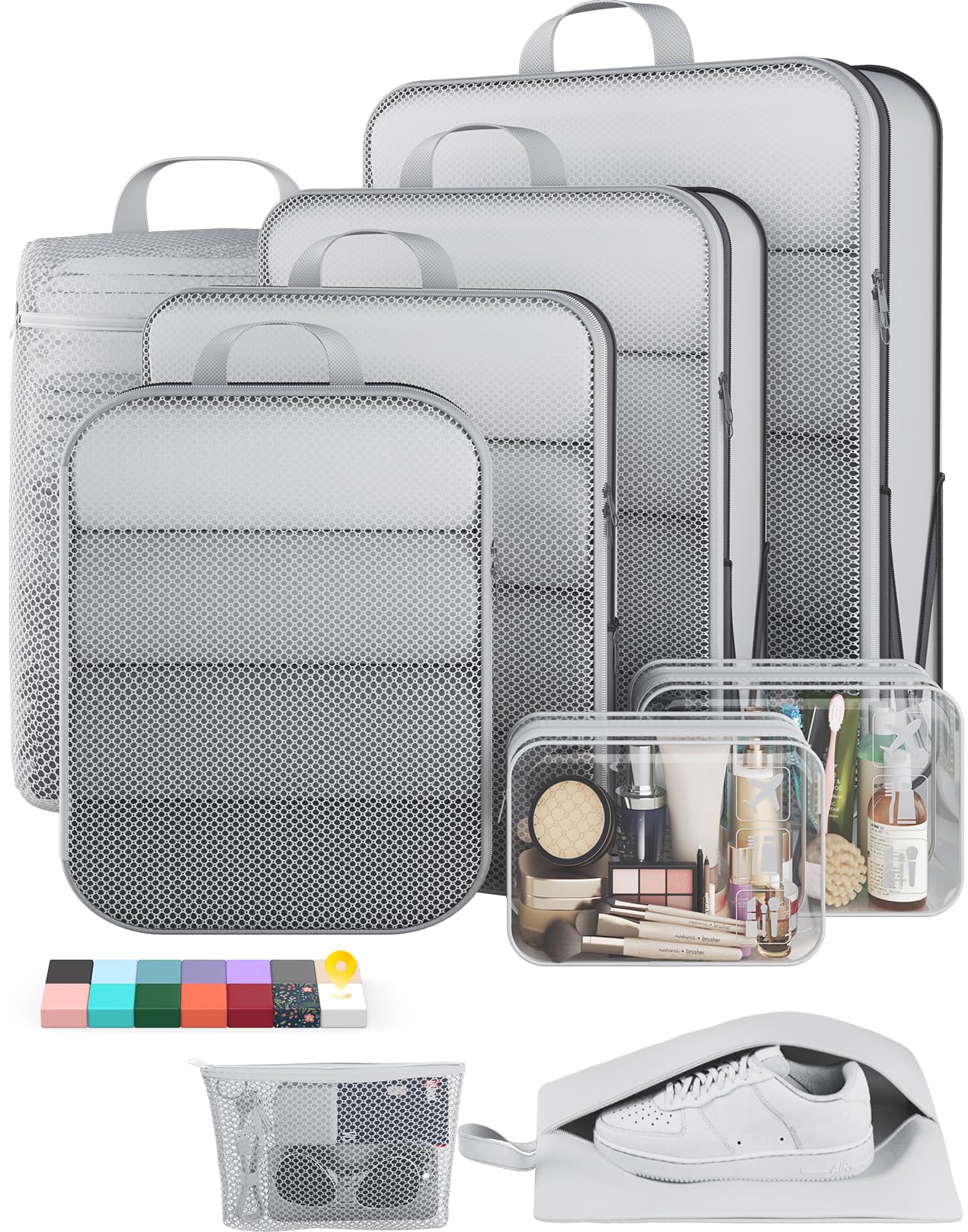Veken 11-Pack Compression Packing Cubes for Travel Essentials,Compressible Expandable Large Luggage Suitcase Organizer Bags for Clothing,Durable Space Saver Bags with Toiletry Bags(Dark Green)