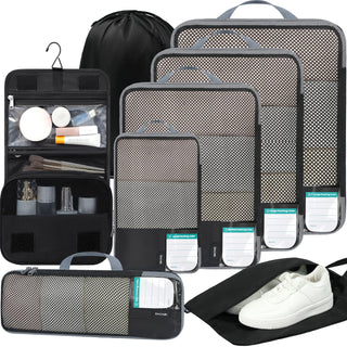 BAGAIL 4 Set/6 Set/8 Set Compression Packing Cubes Travel Accessories Expandable Packing Organizers (Half Mesh, 6-Black)