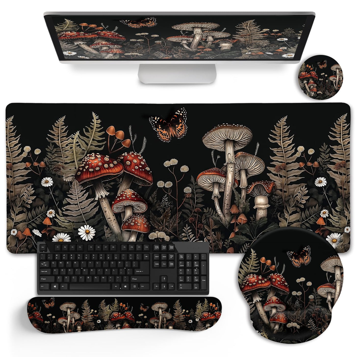 LIMKRIAN Desk Mat Set, Large Gaming Mouse Pad with Wrist Rest, Ergonomic Mouse Pad Keyboard Mat Wrist Support, Cup Coaster, Home Office Desk Accessories Decor Supplies, Funny Black Cat