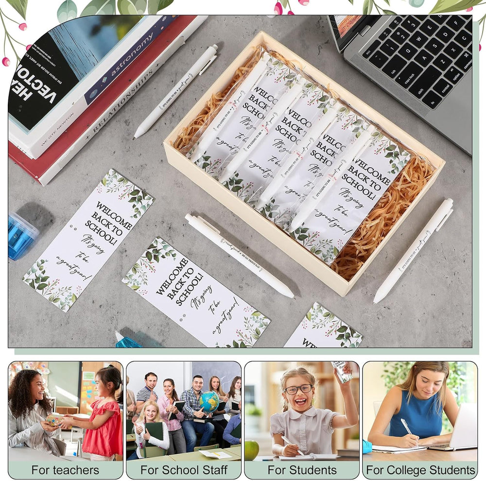 Dunzoom 50 Sets Welcome Back to School Gifts Include Greeting Cards and Inspirational Ballpoint Pens First Day of School Stationery Set for Teachers Students Reward Supplies(Paper,Classic Style)