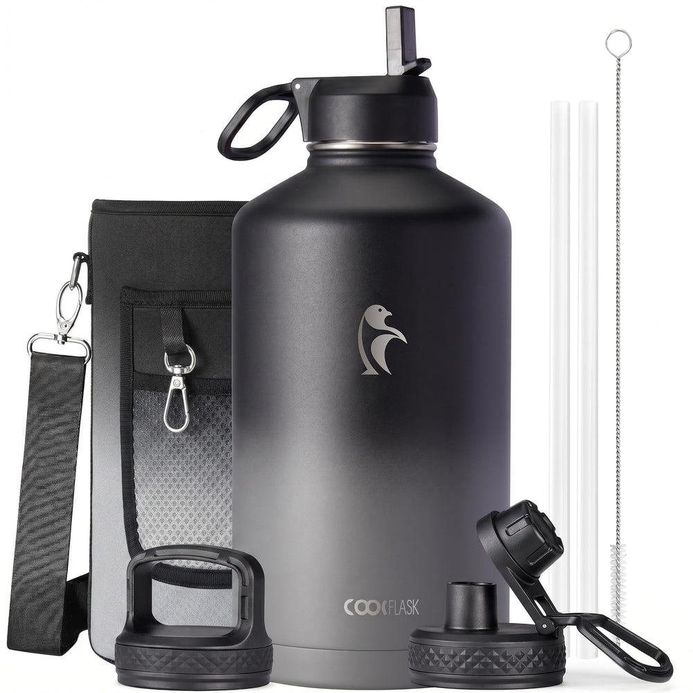 Water Bottle 40 oz Insulated with Straw&Brush, Coolflask Vaccum Stainless Steel Metal 3 Lids Water Flask for Sports, Gym or Office, Keep Cold 48H Hot 24H, Magic Black
