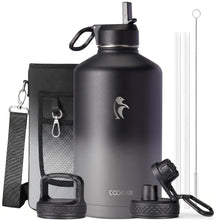 Water Bottle 40 oz Insulated with Straw&Brush, Coolflask Vaccum Stainless Steel Metal 3 Lids Water Flask for Sports, Gym or Office, Keep Cold 48H Hot 24H, Magic Black